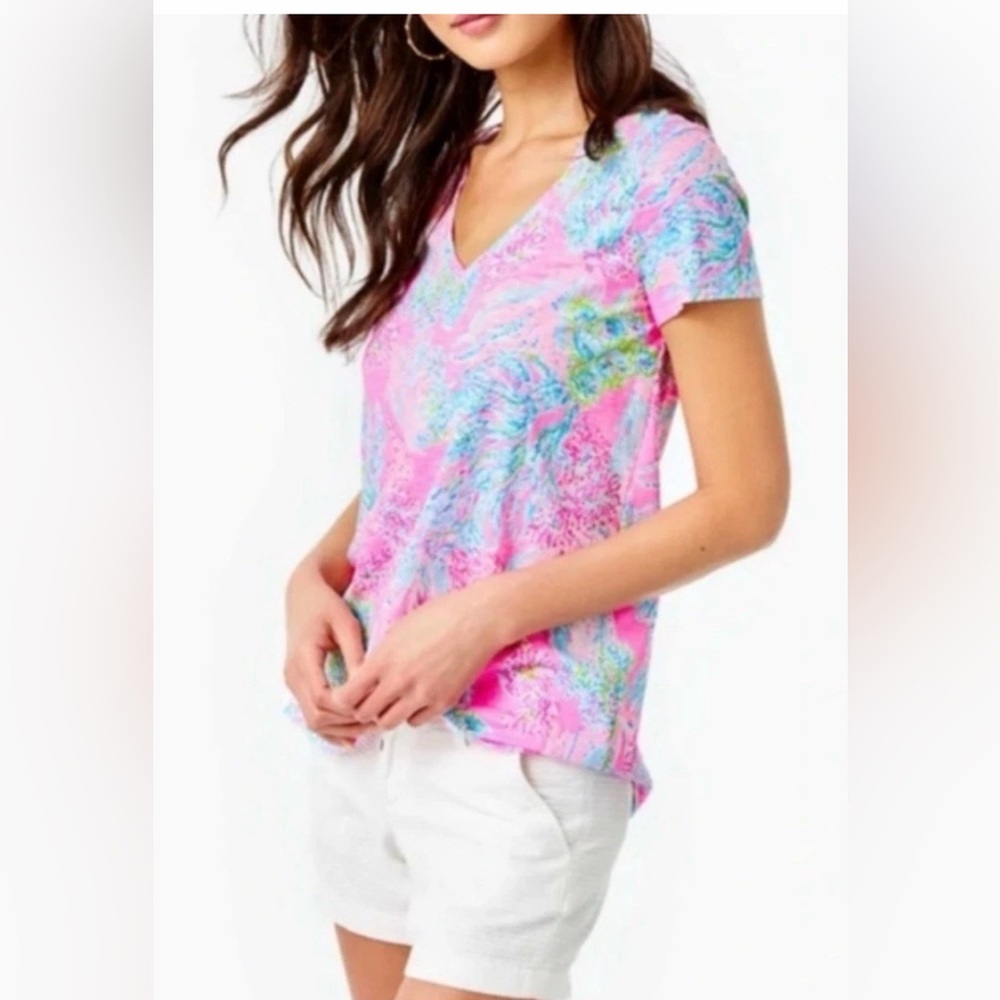 Lilly Pulitzer Women Large Etta Prosecco Pink Seating Things V Neck Tee Shirt